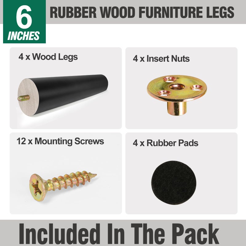 FoDau770 Black Rubber Wood Furniture Legs 6 Inches, Straight Tapered Wood Legs Mid Century Sofa Legs Set of 4, 5/16"" UNC Furniture Feet Replacement Legs for Cabinet Sofa Couch Dresser Chair Ottoman - Image 2